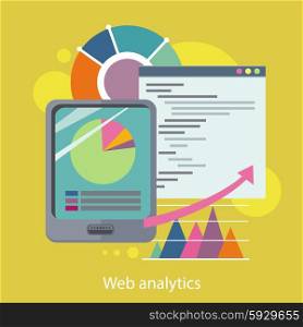 Web analytics. Concept with text. Tablet screen with a pie chart on the background of the report. Icons for web design, analytics, graphic design and in flat design