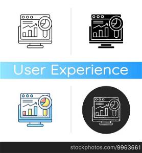 Web analytics icon. Online search engine optimization. Site data analysis. User experience review. Internet marketing research. Linear black and RGB color styles. Isolated vector illustrations. Web analytics icon