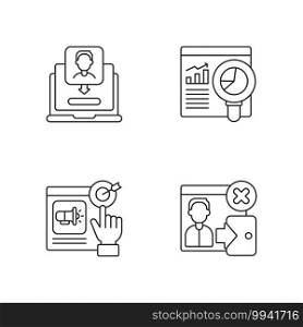 Web analytics linear icons set. Analyzing all incoming data and web trafic from your web application. Customizable thin line contour symbols. Isolated vector outline illustrations. Editable stroke. Web analytics linear icons set