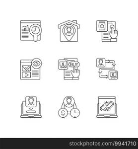 Web analytics linear icons set. Getting user location with geolocation functions of device. Customizable thin line contour symbols. Isolated vector outline illustrations. Editable stroke. Web analytics linear icons set