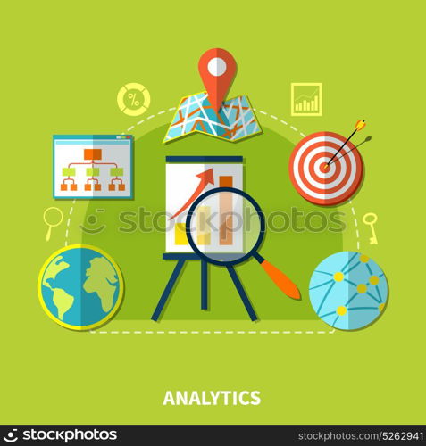 Web Analytics Symbols Composition. Analytics composition for website search optimization with internet networking and location images key percentage silhouette icons vector illustration