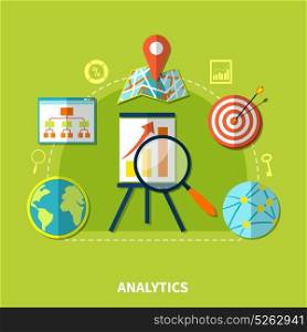 Web Analytics Symbols Composition. Analytics composition for website search optimization with internet networking and location images key percentage silhouette icons vector illustration