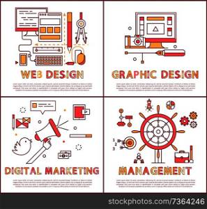 Web and graphic design posters collection, digital marketing, management headlines, working process connected to internet set vector illustration. Web and Graphic Design Set Vector Illustration