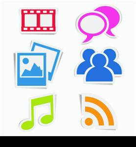 Web and Internet stickers with social media colorful icons on white background EPS10 vector illustration.