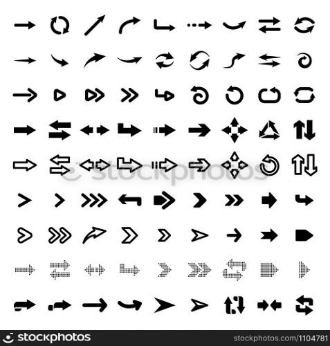 Web arrows. User pointer arrow sign, web interface pictograms, arrows collection for mobile apps, ui and web design, arrowheads isolated vector set. Digital cursors icons. Click buttons, navigation. Web arrows. User pointer arrow sign, web interface pictograms, arrows collection for mobile apps, ui and web design, arrowheads isolated vector set. Black cursors pack isolated on white background