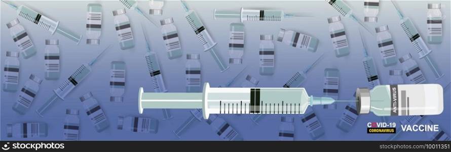 Web Banner background. The vaccine in the medicine bottle and syringe for the injection Antivirus. Prevention Covid19 coronavirus.  Concept design for the vaccine, or Drug treatment. 
