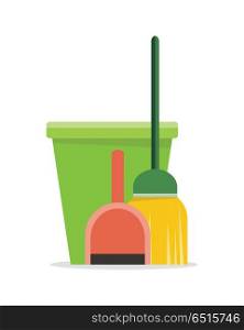 Web Banner Bucket, Duster, Broom and Dustpan Icon.. Cleaning service web banner. Bucket with duster, broom and dustpan icon. Symbols of clean in house. House washing equipment. Office and hotel cleaning. Housekeeping. Cleaning business concept. Vector