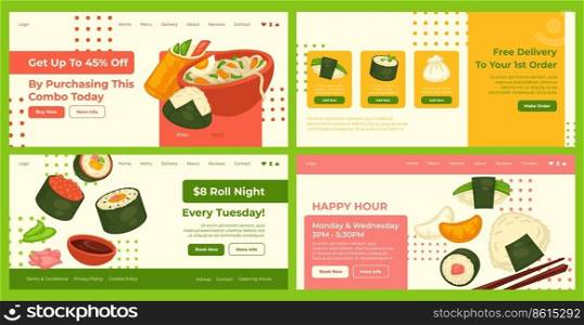 Web banner design set with sushi delivery deal. Landing page collection for japanese restaurant offer, vector illustration. Combo sale, free delivery, roll night and happy hour promotion. Web banner design set with sushi delivery deal