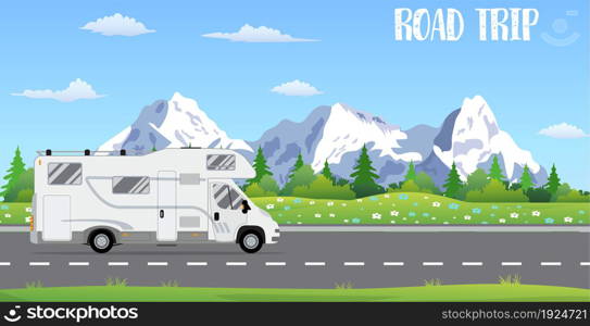 web banner on the theme of Road trip, Adventure, Trailering, Camping, outdoor recreation, adventures in nature, vacation. vector illustration in flat design.. Vector flat web banner on the theme of Road trip,