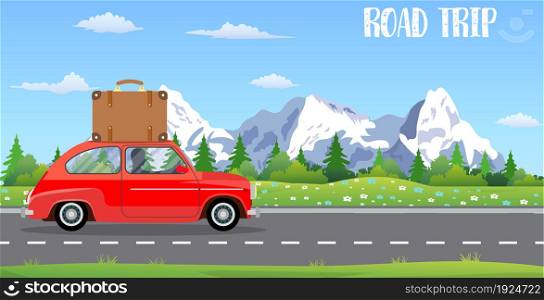 web banner on the theme of Road trip, Adventure, vintage car, outdoor recreation, adventures in nature, vacation. vector illustration in flat design.. web banner on the theme of Road trip,
