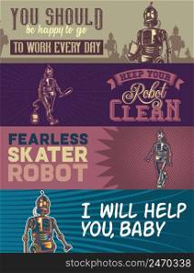 Web banner template with illustrations of a robot with hoover, bag, and walking robots.