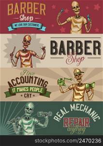 Web banner template with illustrations of skeleton barber, mechanic and accountant.