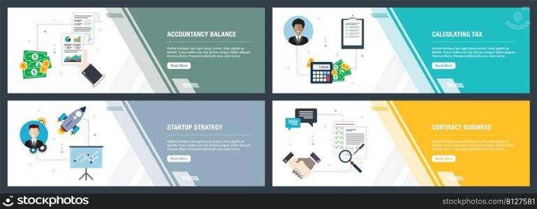 Web banners concept in vector with accountancy balance, calculating tax, startup strategy and contract business. Internet website banner concept with icon set. Flat design vector illustration.