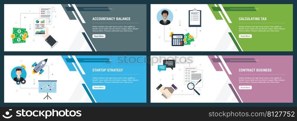 Web banners concept in vector with accountancy balance, calculating tax, startup strategy and contract business. Internet website banner concept with icon set. Flat design vector illustration.