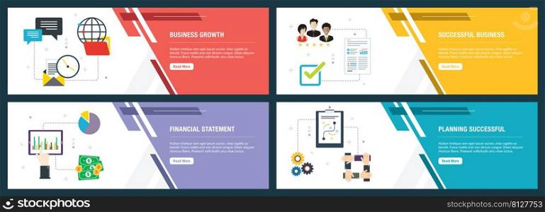 Web banners concept in vector with business growth, successful business, financial statement and planning successful.  Internet website banner concept with icon set. Flat design vector illustration.