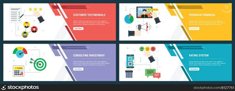 Web banners concept in vector with customer testimonials, feedback financial, consulting investment and rating system. Internet website banner concept with icon set. Flat design vector illustration.