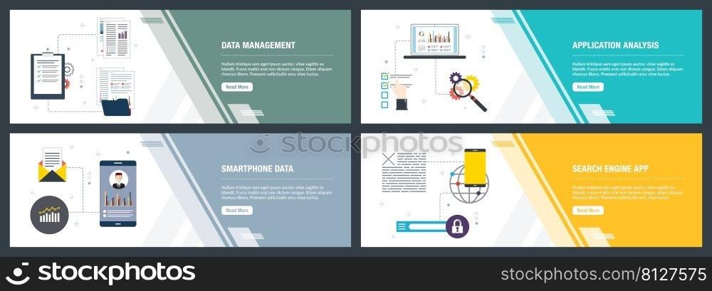 Web banners concept in vector with data management, application analysis, smartphone data and search engine app. Internet website banner concept with icon set. Flat design vector illustration.