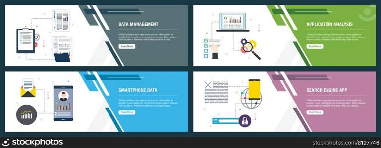 Web banners concept in vector with data management, application analysis, smartphone data and search engine app. Internet website banner concept with icon set. Flat design vector illustration.