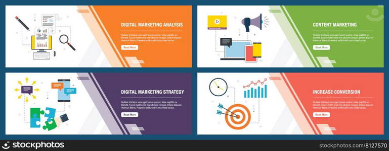 Web banners concept in vector with digital marketing analysis, content marketing, strategy and increase conversion. Internet website banner concept with icon set. Flat design vector illustration.