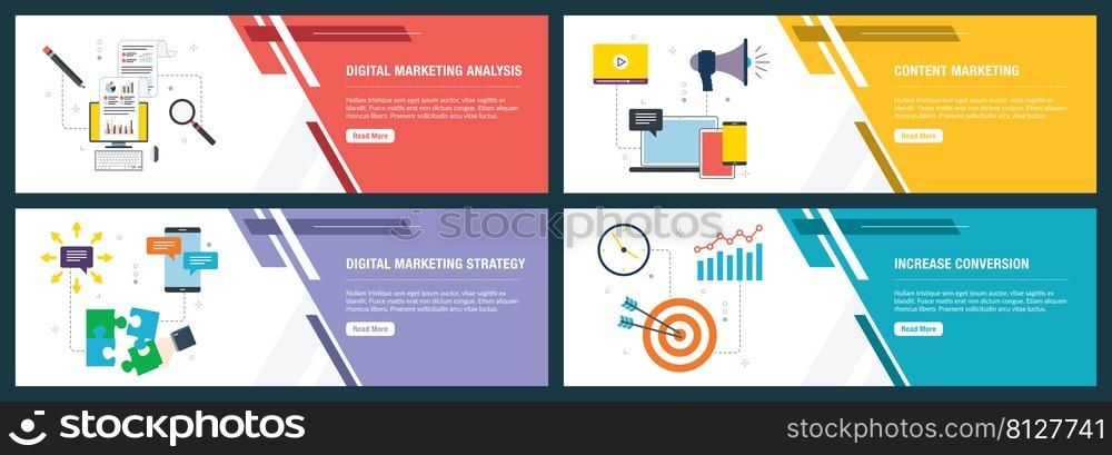 Web banners concept in vector with digital marketing analysis, content marketing, strategy and increase conversion. Internet website banner concept with icon set. Flat design vector illustration.