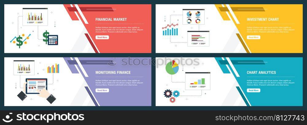 Web banners concept in vector with financial market, investment chart, monitoring finance and chart analytics. Internet website banner concept with icon set. Flat design vector illustration.