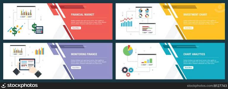 Web banners concept in vector with financial market, investment chart, monitoring finance and chart analytics. Internet website banner concept with icon set. Flat design vector illustration.