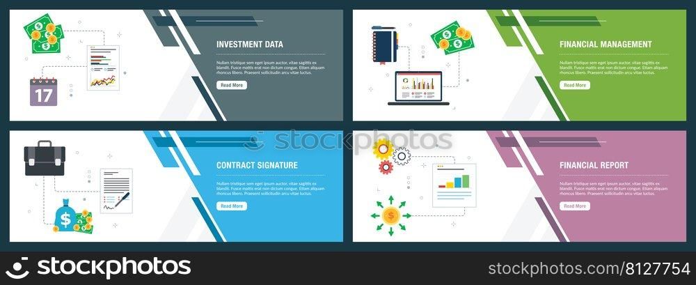 Web banners concept in vector with investment data, financial management, contract signature and financial report. Internet website banner concept with icon set. Flat design vector illustration.