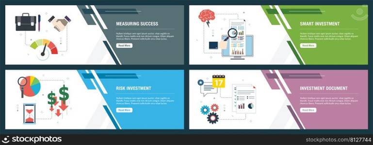 Web banners concept in vector with measuring success, smart investment, risk investment and investment document. Internet website banner concept with icon set. Flat design vector illustration.