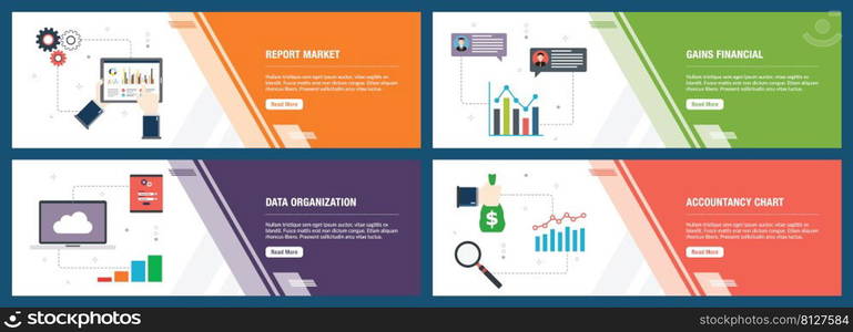 Web banners concept in vector with report market, gains financial, data organization and accountancy chart. Internet website banner concept with icon set. Flat design vector illustration.