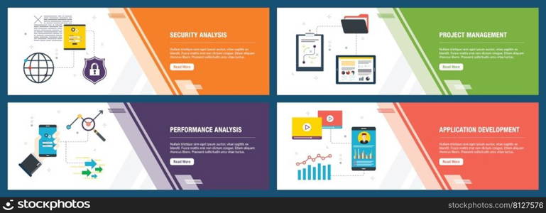 Web banners concept in vector with security analysis, project management, performance analysis and application development. Internet website banner concept with icon set. Flat design vector illustration.