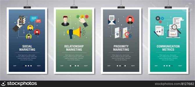 Web banners concept in vector with social marketing, relationship marketing, proximity marketing and communication metrics. Internet website banner concept with icon set. Flat design vector illustration.