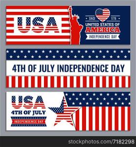 Web banners of USA independence day. Vector design template of horizontal banners with Americans identity symbols on white background. Web banners of USA independence day. Vector design template of horizontal banners with Americans identity symbols