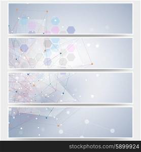 Web banners set, molecular design header layout templates. Molecule structure, blue background for communication, science vector illustration.