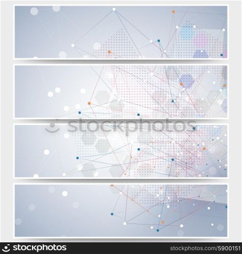 Web banners set, molecular design header layout templates. Molecule structure, blue background for communication, science vector illustration.