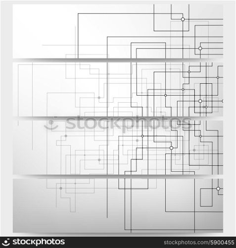 Web banners set, technical construction with connected lines and dots, header layout templates, science vector illustration.
