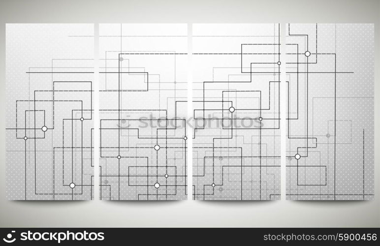 Web banners set, technical construction with connected lines and dots, header layout templates, science vector illustration.