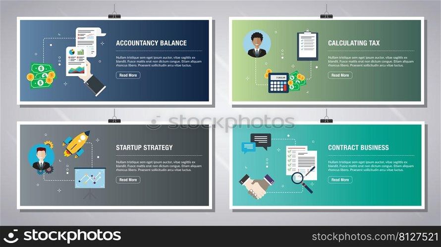 Web banners template in vector with icons of accountancy balance, calculating tax, startup strategy and contract business. Flat design icons in vector illustration.