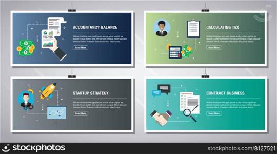 Web banners template in vector with icons of accountancy balance, calculating tax, startup strategy and contract business. Flat design icons in vector illustration.