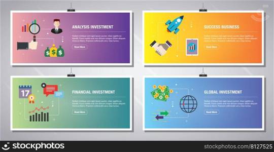 Web banners template in vector with icons of analysis investment, success business, financial investment, global investment.  Flat design icons in vector illustration.