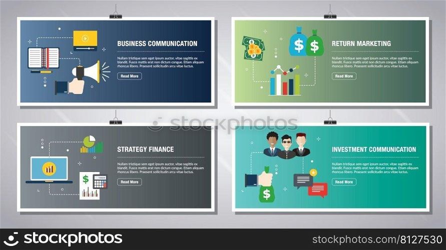 Web banners template in vector with icons of business communication, return marketing, strategy finance and investment communication. Flat design icons in vector illustration.