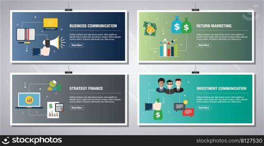 Web banners template in vector with icons of business communication, return marketing, strategy finance and investment communication. Flat design icons in vector illustration.