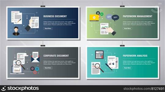 Web banners template in vector with icons of business document, paperwork management, corporate document, paperwork analysis. Flat design icons in vector illustration.