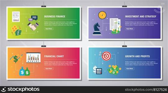 Web banners template in vector with icons of  business finance, investment and strategy, financial chart, growth and profits. Flat design icons in vector illustration.