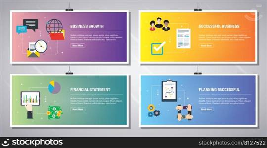 Web banners template in vector with icons of business growth, successful business, financial statement and planning successful. Flat design icons in vector illustration.