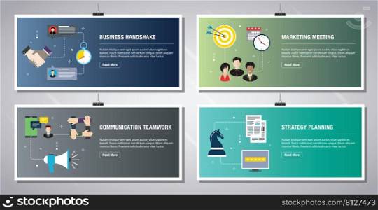 Web banners template in vector with icons of business handshake, marketing meeting, communication teamwork and strategy. Flat design icons in vector illustration.