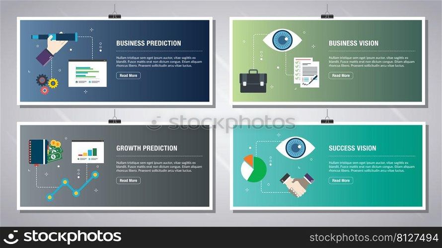 Web banners template in vector with icons of business prediction, business vision, growth prediction and success vision. Flat design icons in vector illustration.
