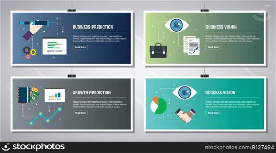 Web banners template in vector with icons of business prediction, business vision, growth prediction and success vision. Flat design icons in vector illustration.