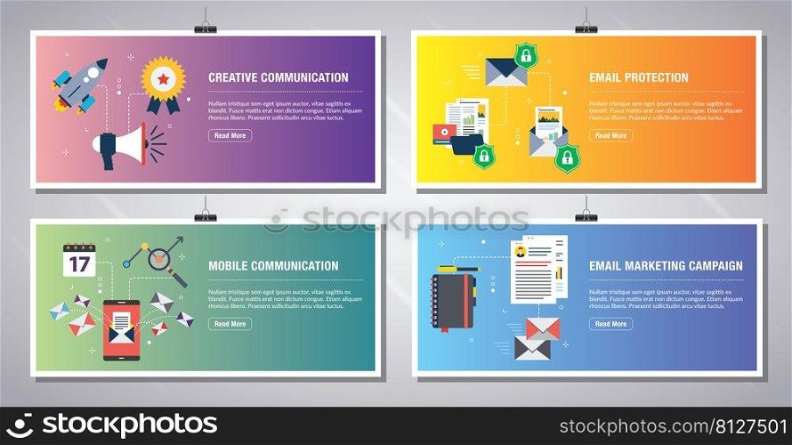 Web banners template in vector with icons of communication, email protection, mobile communication and email marketing. Flat design icons in vector illustration.