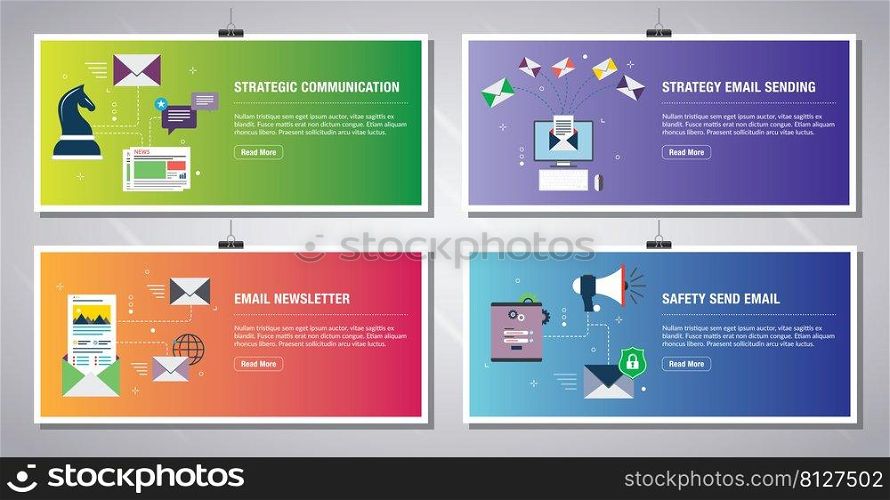 Web banners template in vector with icons of communication, strategy email sending, newsletter and safety send email. Flat design icons in vector illustration.
