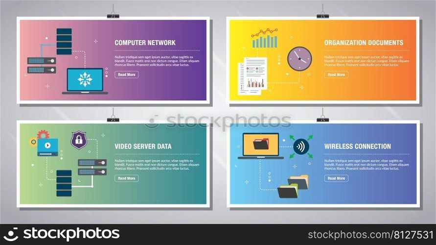 Web banners template in vector with icons of computer network, documents organization , video server data and wireless connection.  Flat design icons in vector illustration.